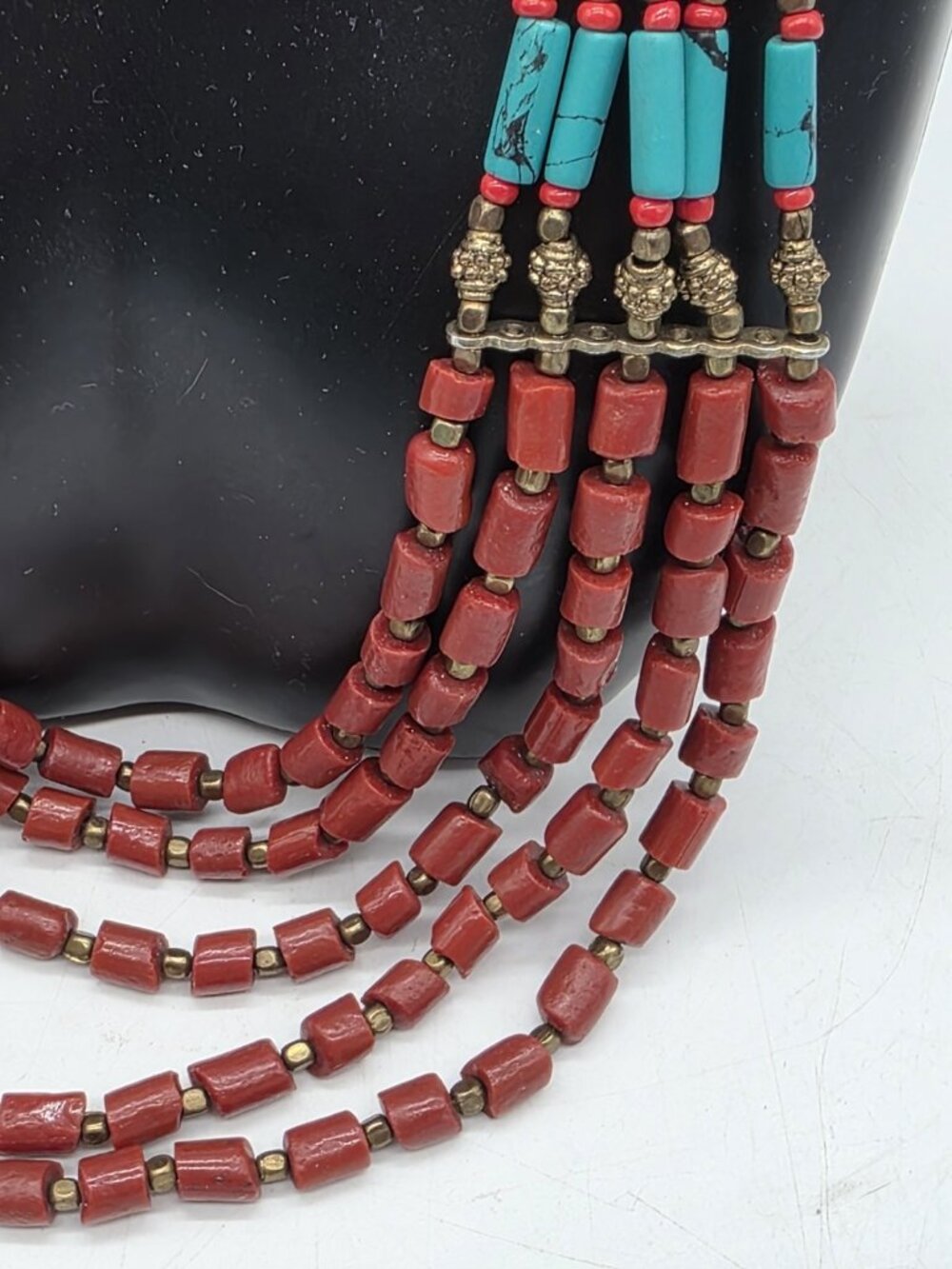 Tibetan Jewelry Multi-Strand Necklace Statement Boho Faux Turquoise & Coral - Picture 4 of 10